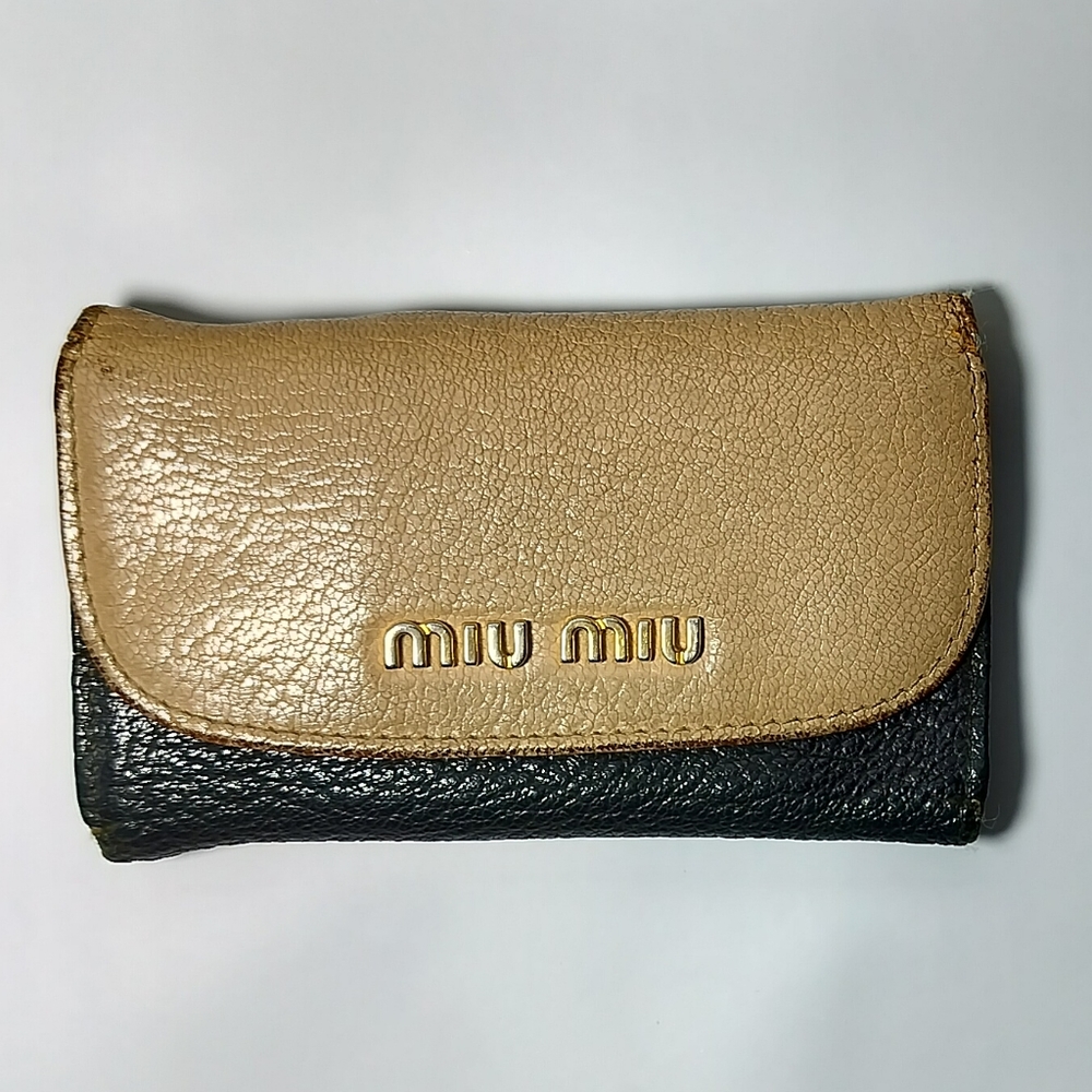 Miu Miu Madras Bicolore Key Holder Small Wallet Card Holder Black Cream Vintage
